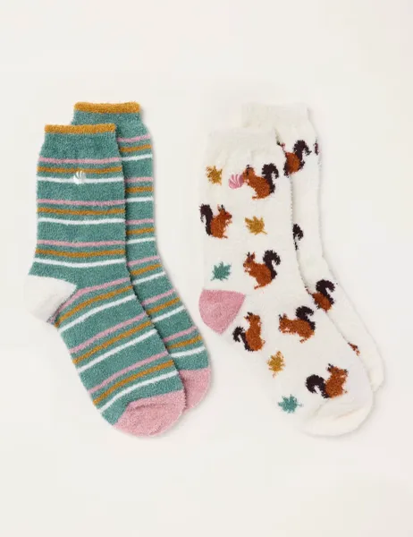 FatFace 2 Pack Squirrel Striped Fluffy Socks Ivory Mix