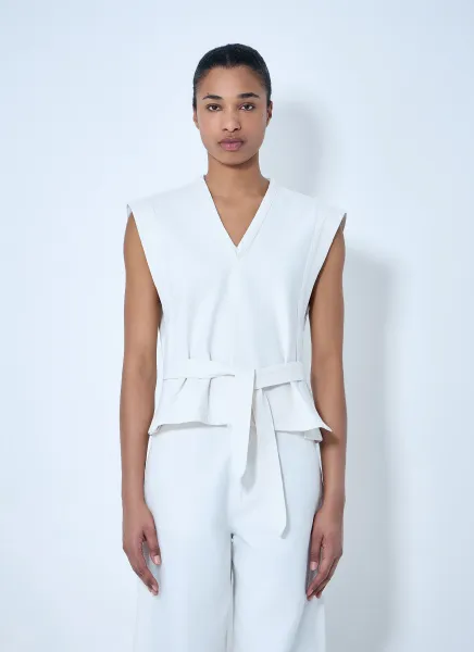Sleeveless V-Neck Top with Belted Waist