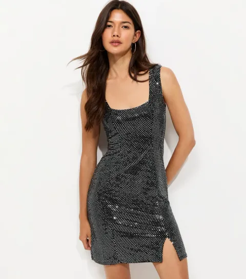 Women's Black Sequin Square Neck Mini Dress