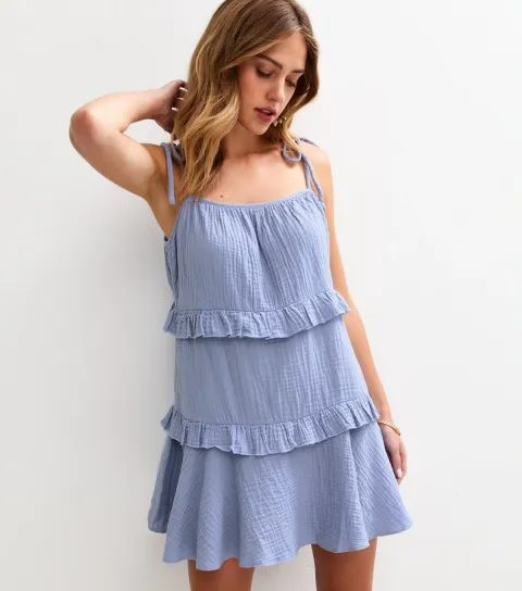 Women's Light Blue Tie Strap Ruffle Trimmed Mini Dress