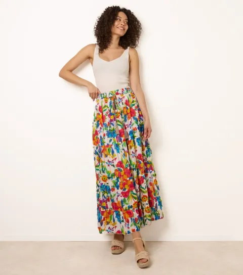 Women's Multicolour Floral Print Tiered Maxi Skirt