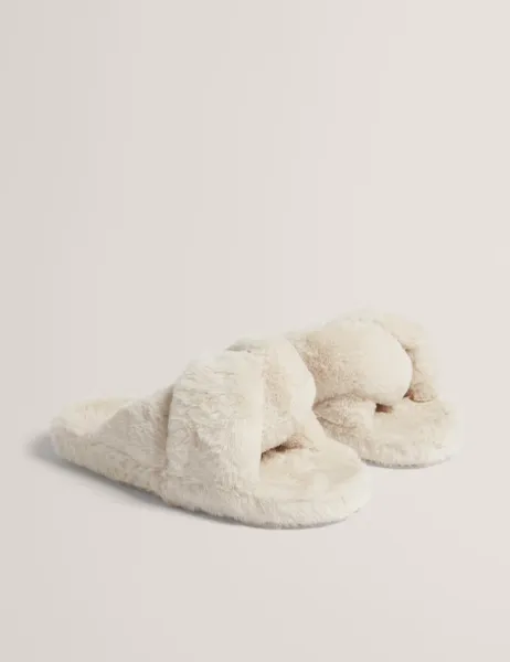Faux Fur Slider Slippers Ivory