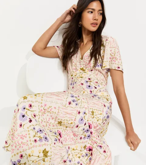 Women's Cream and Pink Floral Tile Pattern Tiered Midi Dress