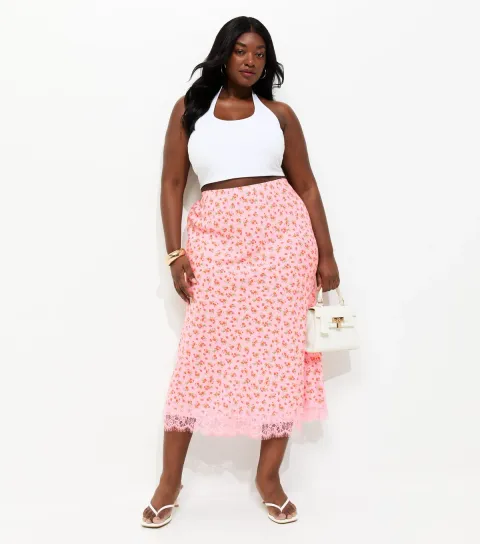 Women's Plus Size Pink Ditsy Floral Print Lace Trim Midi Skirt Curves