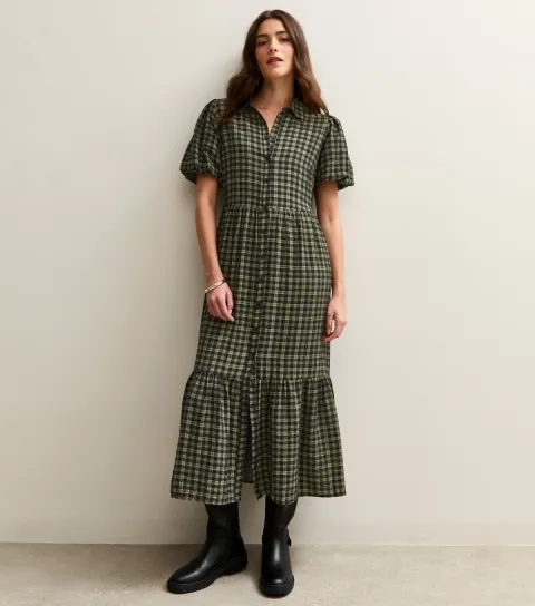 Women's Green Check Print Midi Shirt Dress