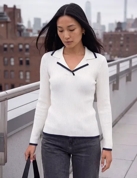 Roman Tipped Detail Ribbed Henley Top Ivory Mix