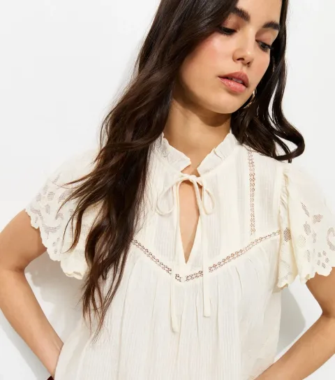 Women's Cream Embroidered Tie Neck Short Sleeve Blouse