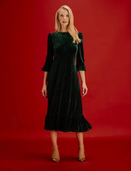Finery London Velvet Animal Print Midi Tea Dress Green Mix