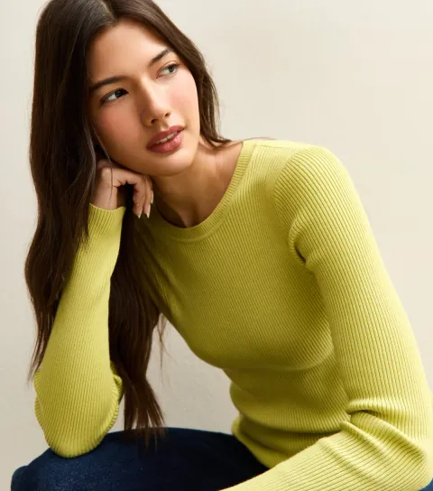 New Look Women's Bright Green Ribbed Crew Neck Jumper