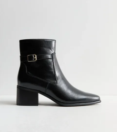 Women's Black Faux Leather Block Heel Pointed Toe Boots Vegan
