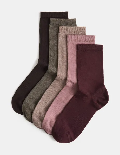 Marks & Spencer 5 Pack Sumptuously Soft Rayon Sparkle Crew Socks Burgundy Mix