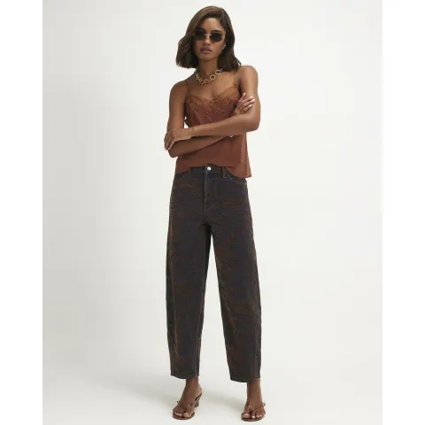River Island Mid Rise Flocked Barrel Leg Jeans