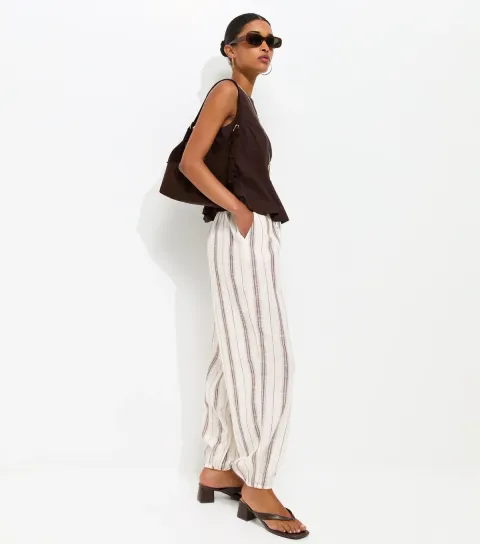 Women's Brown Cotton Striped Slub Cuff Trousers