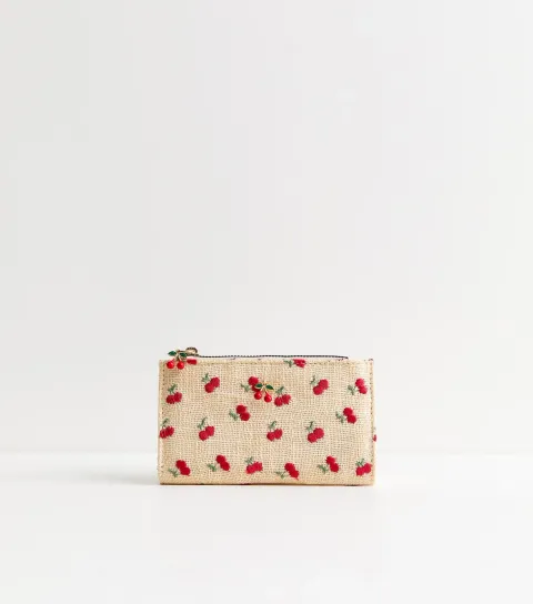 Cream Canvas Embroidered Cherry Purse