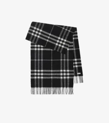 Wide Check Cashmere Scarf in Black/calico beige