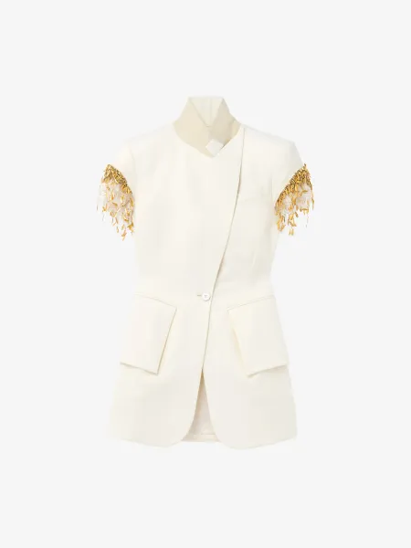 Gold Leaves and Crystal Embroidery Short-Sleeved Jacket