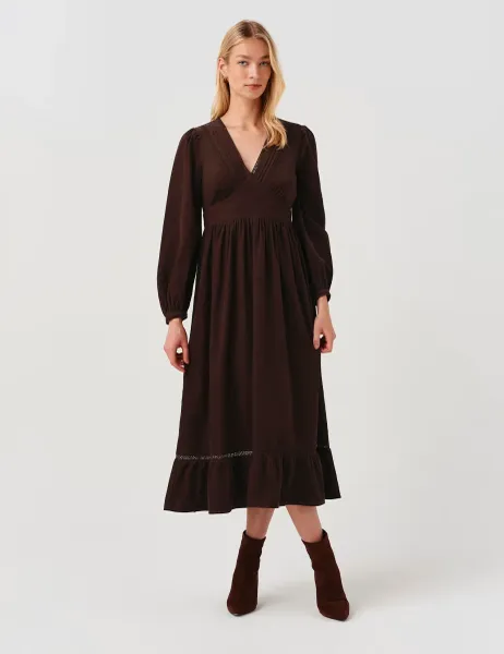 Ghost Cotton Corduroy V Neck Midi Dress Brown
