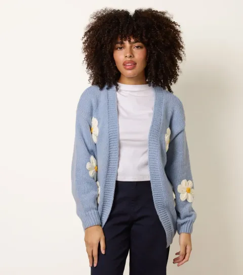 Women's Blue Longline Embroidered Daisy Cardigan