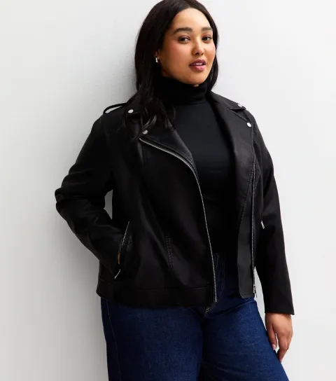 Women's Plus Size Black Faux Leather Biker Jacket Curves