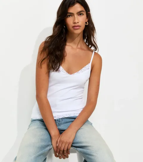 New Look Women's White Cotton Rich Lace Trim Cami Top