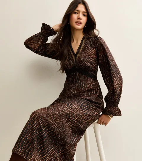 Women's Brown Animal Print Lace Neck Midi Dress