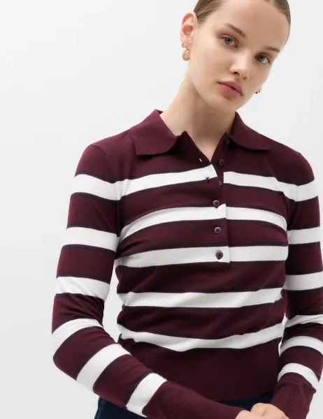 Marks & Spencer Collared Striped Slim Jumper with Wool Burgundy Mix