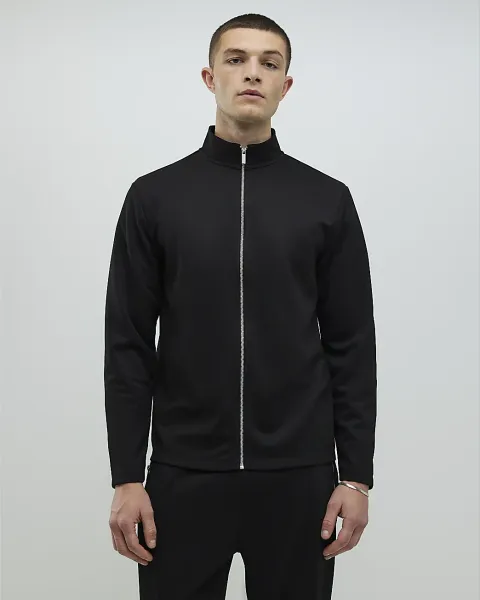 River Island Slim Fit Pique Zip Funnel Sweatshirt