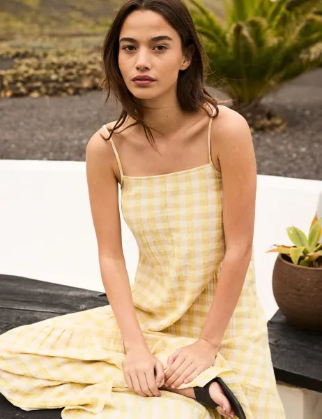 RO&ZO Cheesecloth Check Midaxi Tiered Dress Yellow Mix