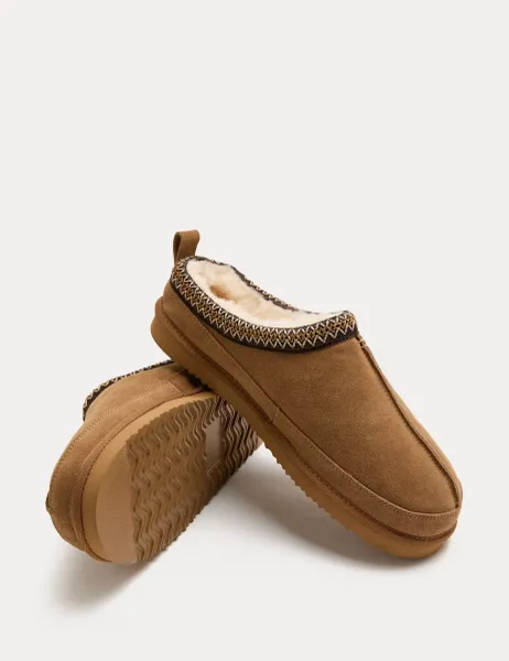 Marks & Spencer Suede Collared Embroidered Mule Slippers Tan