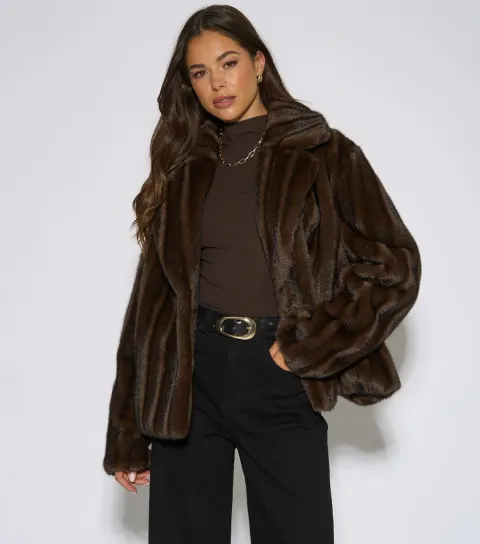 Gini London Women's Dark Brown Striped Faux Fur Jacket