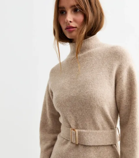 New Look Women's Mink Belted Knitted Mini Dress
