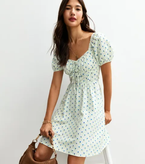 Women's White Floral Print Puff Sleeve Mini Dress