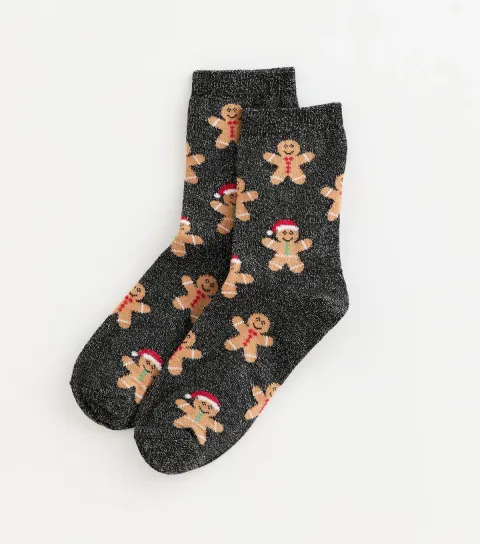Black Sparkly Christmas Gingerbread Socks