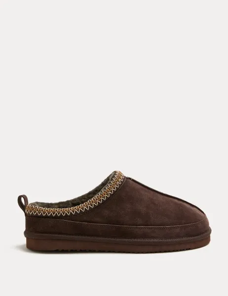 Marks & Spencer Suede Collared Embroidered Mule Slippers Brown
