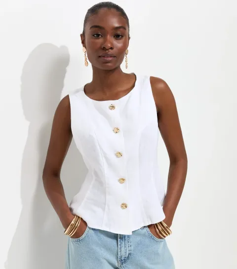 New Look Women's Off White Linen Rich Gold Tone Button Waistcoat