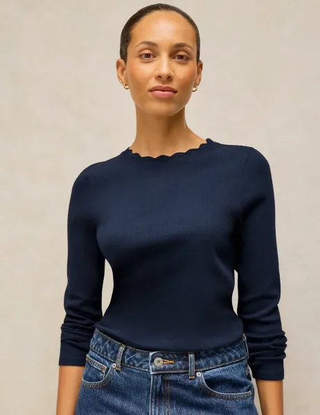 White Stuff Cotton Rich Jersey Scallop Trim Ribbed Top Navy
