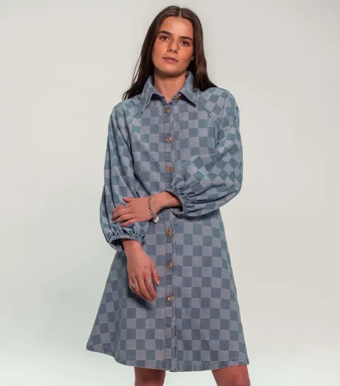 Women's Blue Check Textured Button Denim Mini Dress