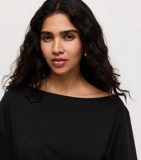 Women's Black Cotton Long Sleeve Off The Shoulder Top