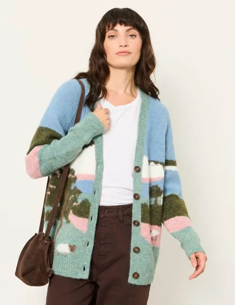 FatFace Wool Blend V-Neck Button Front Cardigan Blue Mix