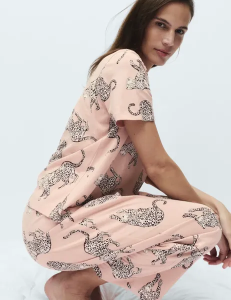 Marks & Spencer Pure Cotton Printed Cropped Pyjama Set Pink Mix