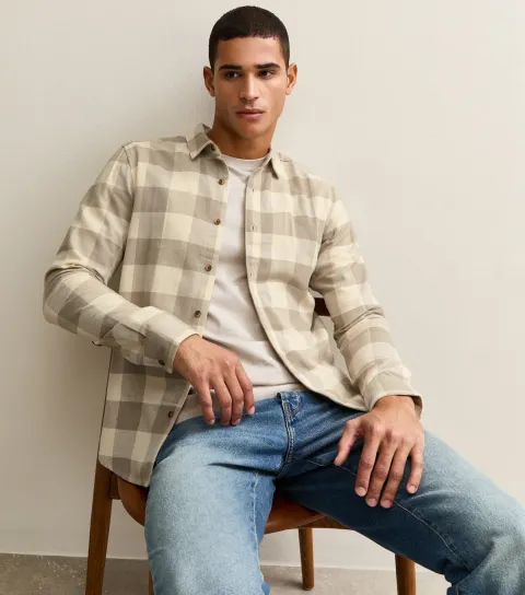Men's Cream Regular Long Sleeve Checked Shirt