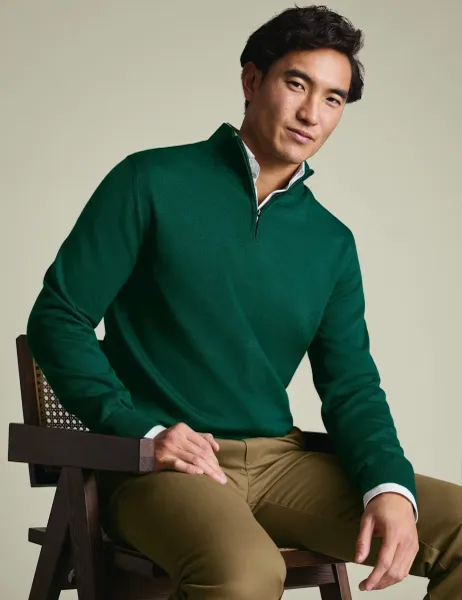 Charles Tyrwhitt Pure Extra Fine Merino Wool Half Zip Jumper Medium Green