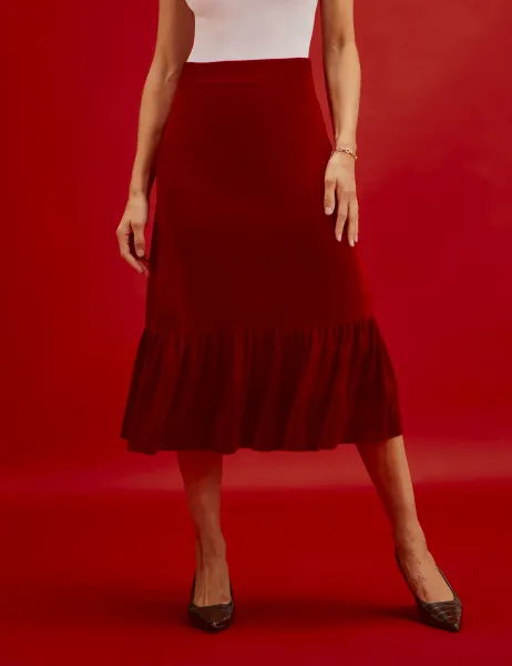 Finery London Velvet Midi Tiered Skirt Red