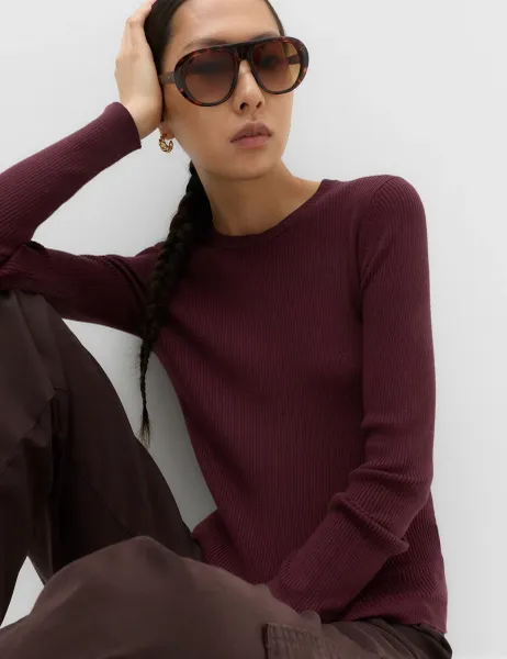 Marks & Spencer Ribbed Crew Neck Fitted Jumper Burgundy