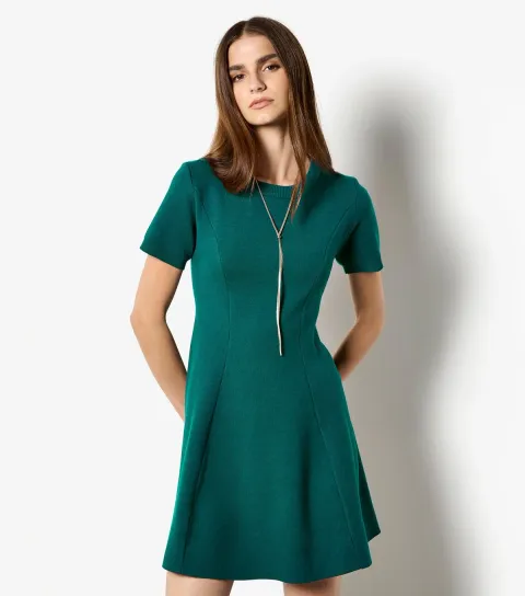 Women's Dark Green Panel Knitted A-line Dress