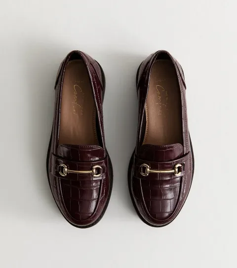 New Look Women's Wide Fit Burgundy Faux Leather Croc Embossed Loafers Vegan