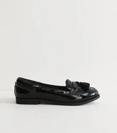 Women's Black Faux Patent Leather Tassel Trim Loafers Vegan