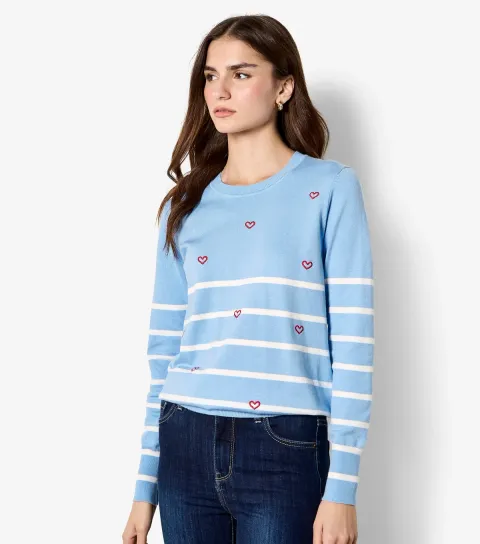Women's Blue Striped Heart Embroidered Jumper