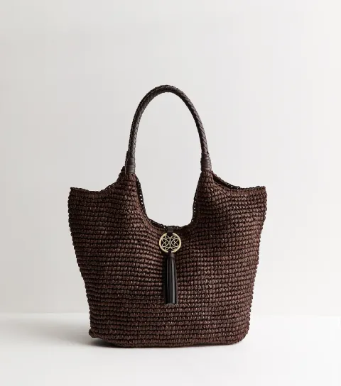 Dark Brown Woven Plaited Handle Hobo Bag