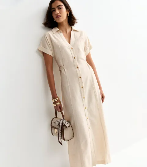 Women's Stone Linen Blend Shirt Midi Dress